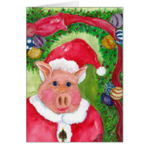 Santa Pig  Christmas Card with Ribbon & Ornaments