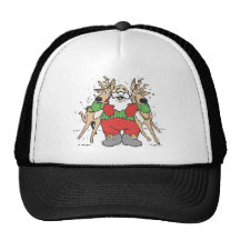 Santa Squeezing two Reindeer's Mesh Hat