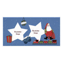 Santa, train, gift and Christmas wreath Personalized Photo Card