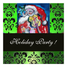 SANTA  & VIOLIN ,GREEN BLACK DAMASK MONOGRAM ,Ruby Invites