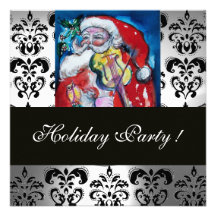 SANTA  & VIOLIN ,RED BLACK WHITE DAMASK MONOGRAM ANNOUNCEMENT