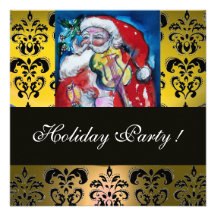 SANTA & VIOLIN YELLOW BLACK DAMASK MONOGRAM Ruby Personalised Announcements