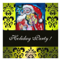 SANTA & VIOLIN YELLOW BLACK DAMASK MONOGRAM Ruby Custom Invitation