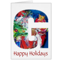 SANTA WITH  BALLOONS AND CHRISTMAS TREE MONOGRAM CARD