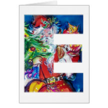 SANTA WITH  BALLOONS AND CHRISTMAS TREE MONOGRAM GREETING CARD