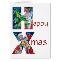 SANTA WITH  BALLOONS AND CHRISTMAS TREE MONOGRAM GREETING CARD