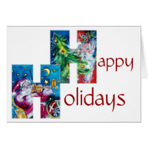 SANTA WITH  VIOLIN AND  CHRISTMAS TREE MONOGRAM GREETING CARD