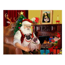 Santa's 2 Pugs (f+B) Post Cards