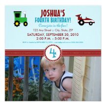 Satin Ribbon Tractor Birthday Party Invite red