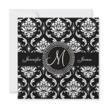 Save the Date Black Damask Monogram Announcement