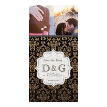 Save the Date Black & Orange Damask Fillagree Card Photo Greeting Card