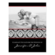 Save the Date Damask Postcard Black Red Stripe