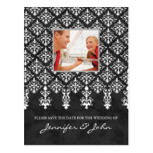 Save the Date Damask Postcard Grey White