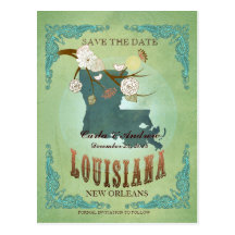 Save The Date - Louisiana Map With Lovely Birds Postcards