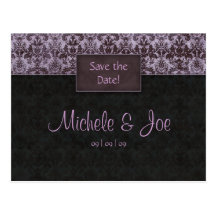 Save the Date Purple Black Damask Postcard