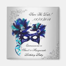 Save The Date Quinceanera Sweet 16 Masquerade Blue Magnets