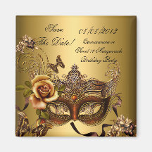 Save The Date Quinceanera Sweet 16 Masquerade Gold Fridge Magnets
