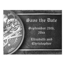 Save the date steampunk gears black and white postcard
