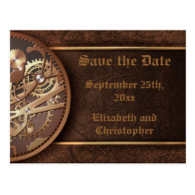 Save the date steampunk gears gold brown post cards