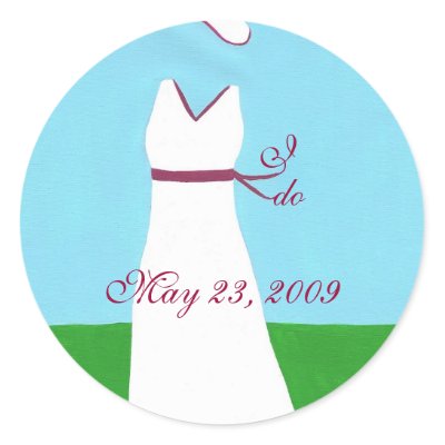 Save the date stickers wedding dress red trim by Cherylsart