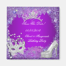 Save The Date Sweet 16 Masquerade Purple Pink Fridge Magnet