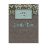 Save the Date Turquoise Brown Damask Postcard 2