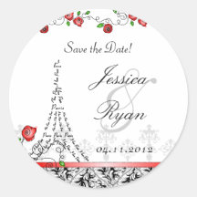 Save the Date Wedding Paris Black White Red Xmas Round Sticker