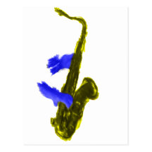 Saxophone played by two hands, blue and  yellow postcard