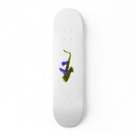 Saxophone played by two hands, blue and  yellow skate board