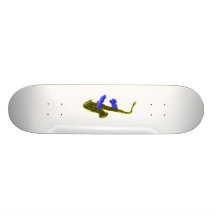 Saxophone played by two hands, blue and  yellow skate board