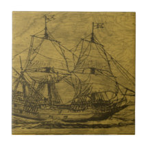 Schooner And Vintage Map Ceramic Tile