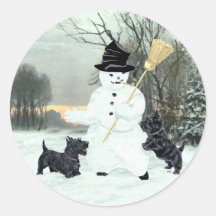 Scottish Terriers Build a Snowman Round Sticker