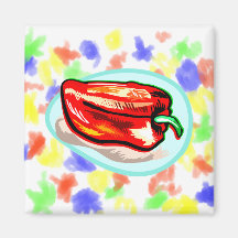 Scribbled red pepper on blue circle magnets