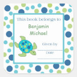 Sea Turtle Bookplate Label Blue Green Dot Sticker