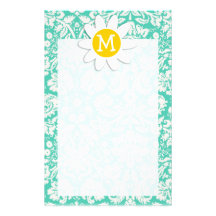 Seafoam Green Damask; Spring Daisy Stationery Design