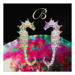 SEAHORSES BEACH WEDDING MONOGRAM, pink blue black Personalized Invitation