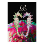 SEAHORSES BEACH WEDDING MONOGRAM, pink blue black Personalised Invitation