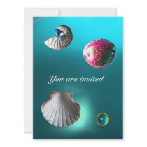 SEASHELLS DAMASK GEM BEACH WEDDING blue aquamarine Personalized Announcement