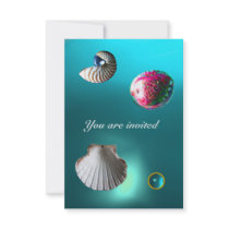 SEASHELLS DAMASK GEM BEACH WEDDING blue aquamarine Custom Announcements