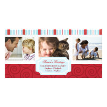 Seasons Greetings Blue & Red Holiday Photo Collage Picture Card