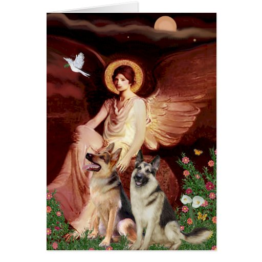 Seated Angel - Two German Shepherds Card