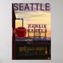 SeattlePike Place Market Sign and Water View Posters
