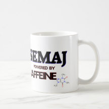 Semaj powered by caffeine coffee mugs