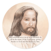 Sepia Jesus Art Bible Quote - Colossians 3:17 Round Stickers
