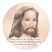Sepia Jesus Art Bible Quote - Matthew 3:4 Round Stickers