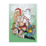 Sexy Christmas Pin-up Girl with Snowman by Al Rio postcards