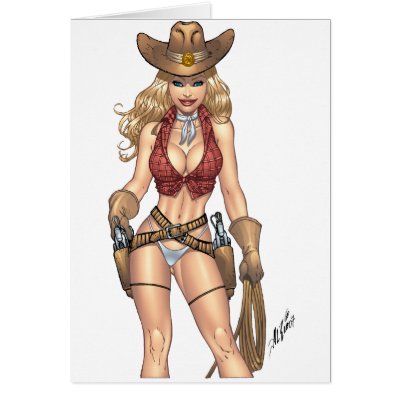 Sexy Cowgirl Country Girl with Guns by Al Rio Cards by AlRioArt