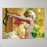 Sexy Pinup Girl in Silk Nighty Holding on Bedpost posters