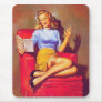 Sexy Pinup Girl in Stockings Reading on the Couch Mousepads