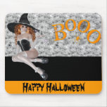 Sexy Redhead Witch Casting Spell on Boo Halloween mousepads